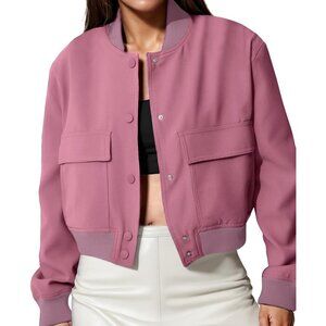 Womens Pink Spring Varsity Bomber Jacket Cropped Button Down Casual Coat